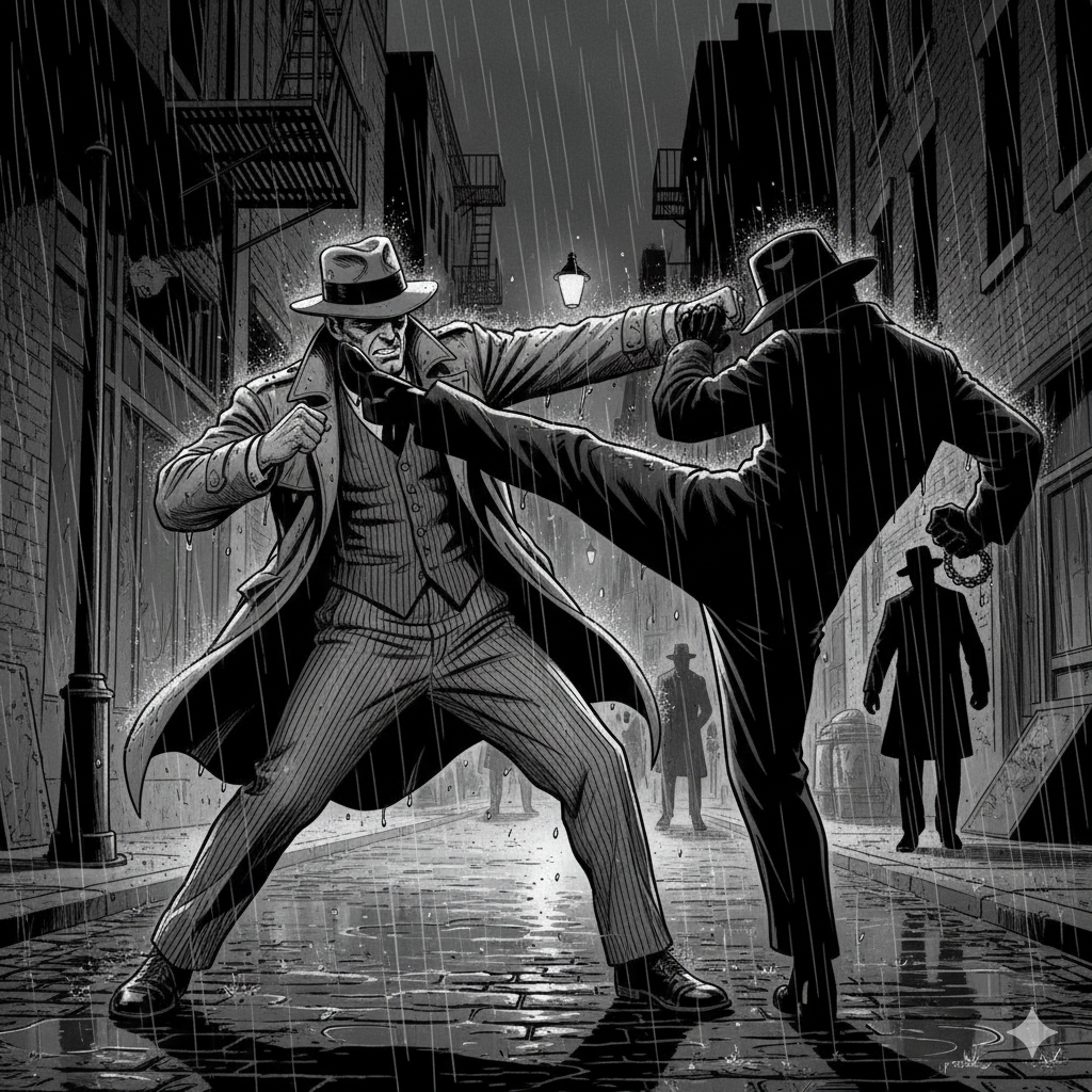 Enfrentamiento contra los delincuentes y el detective que viaja en el tiempo Sandoval-Wyss